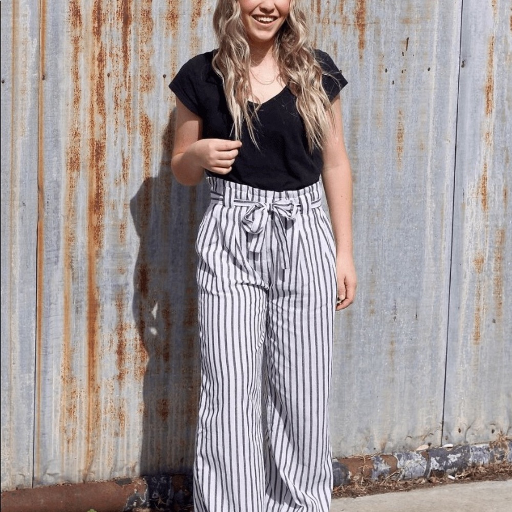 Tessa Palazzo Pants - Gray & White Stripe